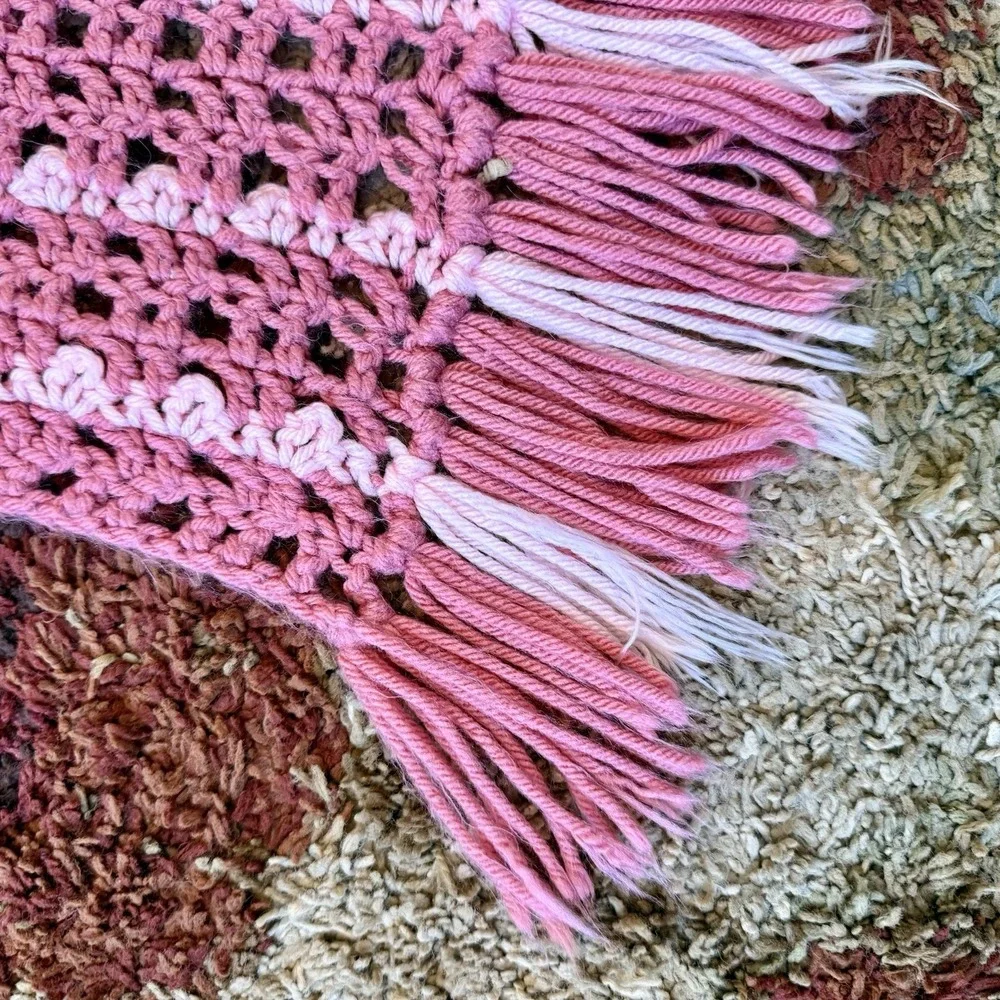 VTG Pink Stripe Tassel Crochet Afghan Throw Blanket 70x41